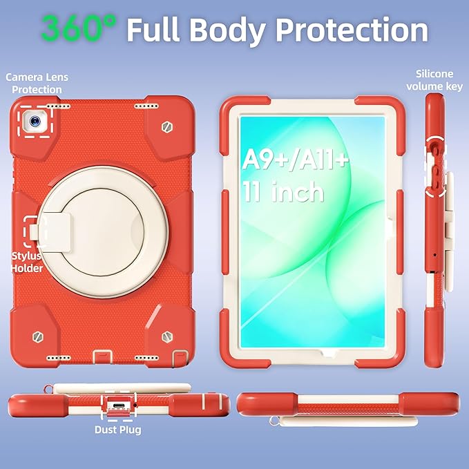 Andnary Case for Samsung Galaxy Tab A11+ Plus/A9+ 11 Inch 2025/2023, Tablet Case for Samsung Galaxy A9 Plus/A11+ with Screen Protector/360° Rotating Stand/Pen Holder/Shoulder Strap (Orange)