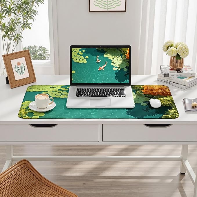 Japanese Koi Fish Desk Mat Pad XXL Large Lofi Serene Pond Playmat Gaming Mouse Pad Desktop Mat for Office,Computer,Keyboard,Laptop and Home 31.5 X 15.7inch