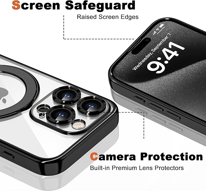Compatible with iPhone 15 Pro Case with Invisible Magnetic Ring Stand [Compatible with Mag-Safe] [Full Camera Lens Protector] Plating Clear Phone Case for iPhone 15 Pro 6.1", Black