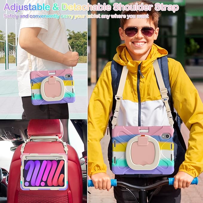 BRAECNstock Kids Case for Apple iPad mini 7 (A17 Pro)/ Mini 6 2024/2021 8.3-Inch Shockproof Protective iPad mini Case with Screen Protector, Rotating Stand, Handle Grip, Pencil Holder, Rainbow Pink