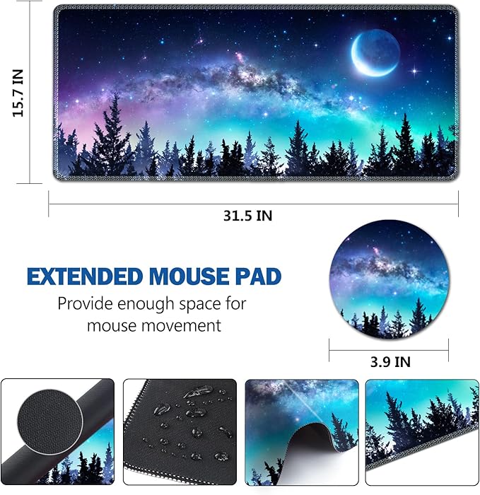 Large Gaming Mouse Pad, AIMSA Extended Mouse Pad with Stitched Edge, XL Keyboard Mouse Mat Non-Slip Rubber Base Desk Pad 31.5x15.7inch for Office Home Game Work -Forest Moon Sky