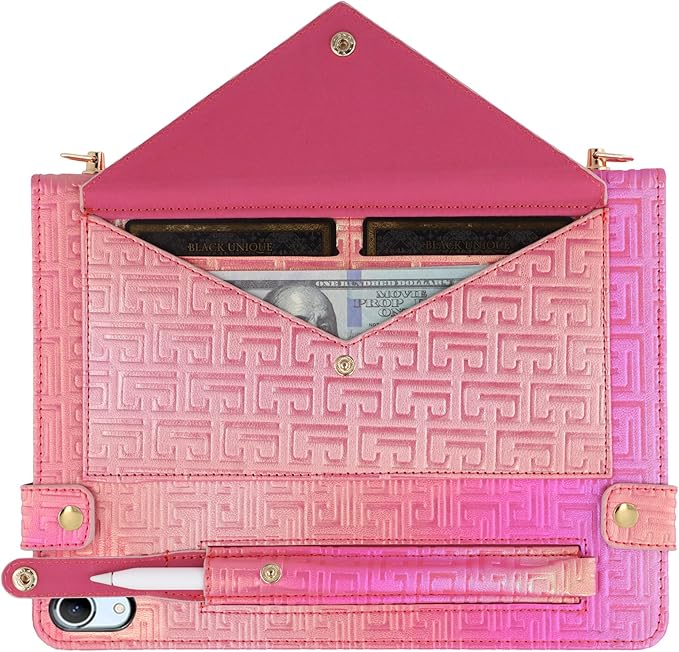 Shiny Case for iPad mini 7 2024/Mini 6th Gen Handbag Case, Techcircle Iridescent PU Leather Folio Envelope Pocket Stand Cover with Hand Strap+Shoulder Strap+Pencil Holder+Card Slots, Shiny Rose Pink