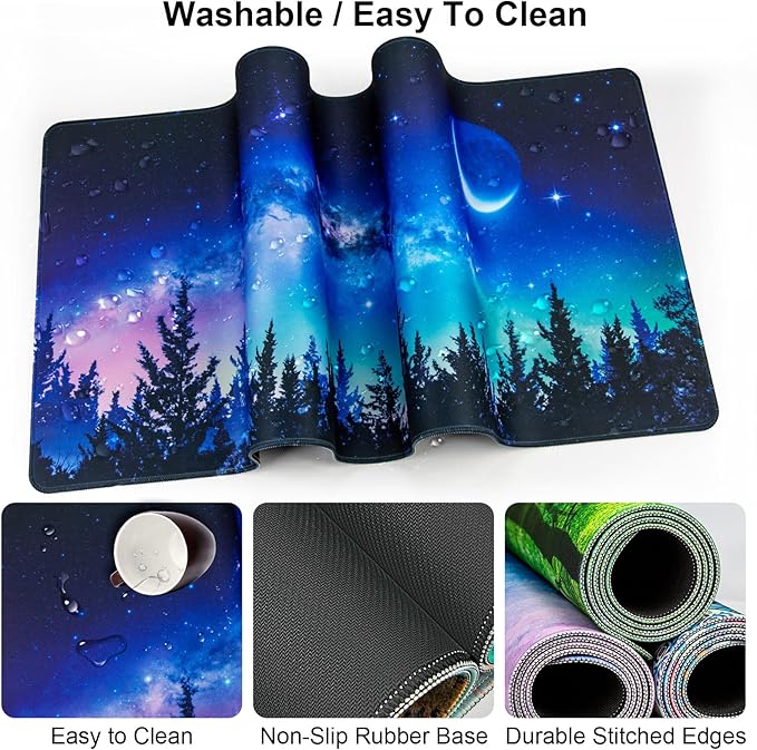 Keyboard Wrist Rest + Mouse Pad with Wrist Support + Desk Mat + Coaster 4 in 1 Set, XXL Large Gaming Mousepad Cute Ergonomic Mouse Pads for Desk Computer Laptop Office Decor-Forest Moon