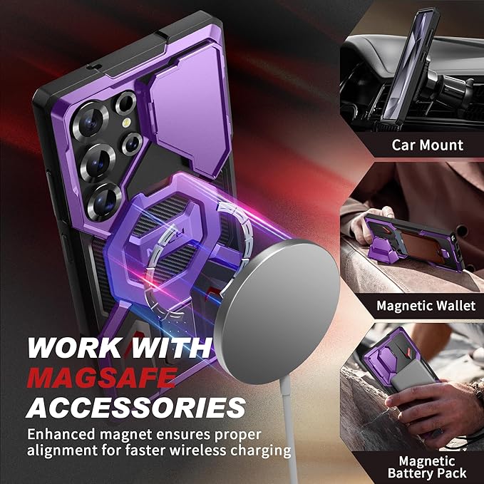 TONGATE for Samsung Galaxy S24 Ultra Case Compatible with MagSafe, [Ring Stand & Camera Cover Kickstand] Drop Shockproof Rugged Protection Phone Case for S24 Ultra with Screen Protector 6.8", Purple