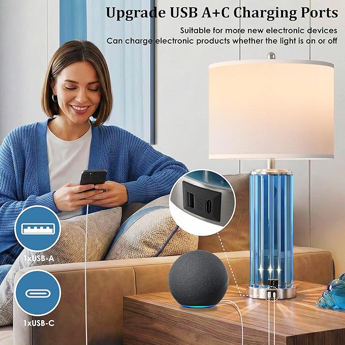 QiMH Table Lamps for Bedroom Set of 2 with Nightlight, Modern Bedside Lamp with USB A+C Charging Port, Blue Nightstand Lamp for Living Room White Shade Home Decor, 2 Bulbs Included