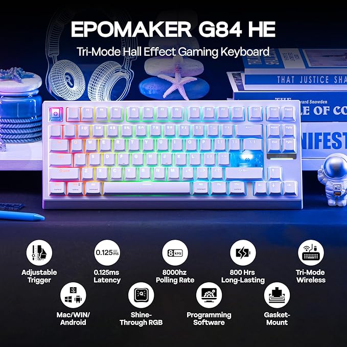 EPOMAKER G84 HE Wireless Hall Effect Keyboard, 8K Polling & 8000mAh, SOCD & DKS, Gaming Keyboard with Fast Trigger & Adjustable Actuation, RGB Backlit, PBT Keycap, Hot-Swap, for Win/Mac (White)