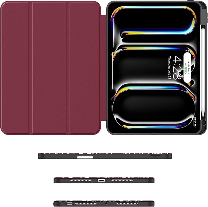 Soke Case for New iPad Pro 11 Inch (M5/M4) 5th Generation 2024-2025 with Pencil Holder - [Shockproof + Apple Pencil Charging + Auto Wake/Sleep], Soft TPU Back Cover for iPad Pro 11", Book Wine