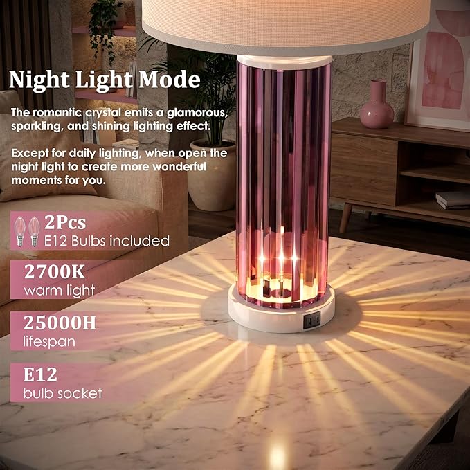 QiMH Table Lamps for Bedroom Set of 2 with Nightlight, Modern Bedside Lamp with USB A+C Charging Port, White Pink Nightstand Lamp for Living Room White Shade Home Decor, 2 Bulbs Included