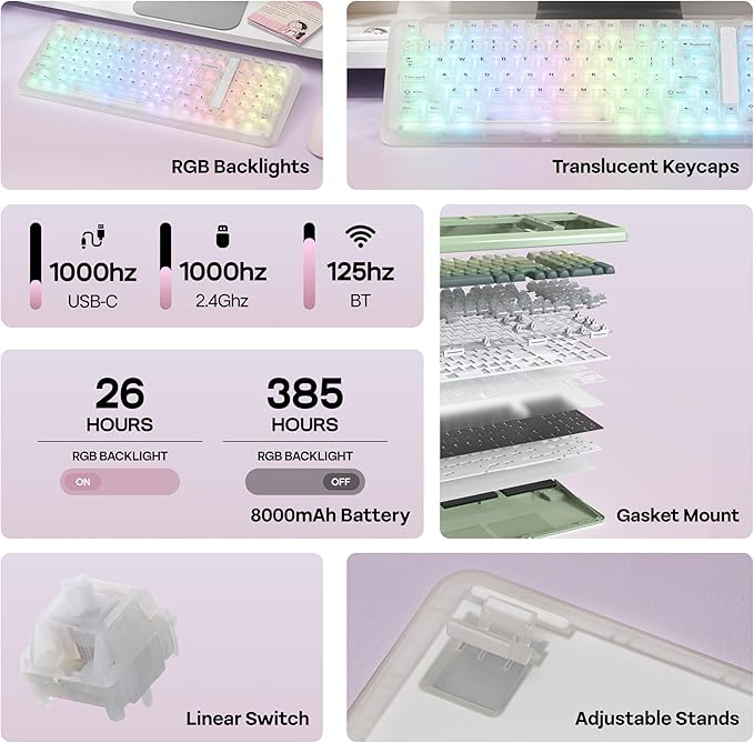 KiiBoom Phantom98 Lite 96% Wireless Mechanical Gaming Keyboard, VIA Programmable, Creamy Keyboard with Gasket, 8000mAh Battery, Hot Swap, RGB Backlits, NKRO for Win/Mac (Clear, Mochi Switch)