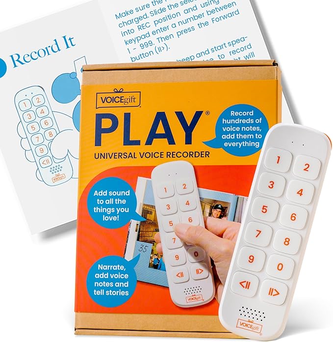 VOICEGIFT Play, 10 Hour Capacity Screen-Free Voice Recorder, Playback Tool, Portable Electronic Story Player with Speaker, Clip & Strap, Add Voice to Journals, Albums and Keepsakes