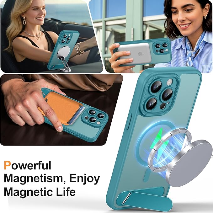 Magnetic Compatible with iPhone 15 Pro Max Case, [Built-in Kickstand][Full Camera Protection][Compatible with MagSafe][Anti-Fingerprint] Shockproof Phone Case for iPhone 15 Pro Max 6.7",Lake Blue