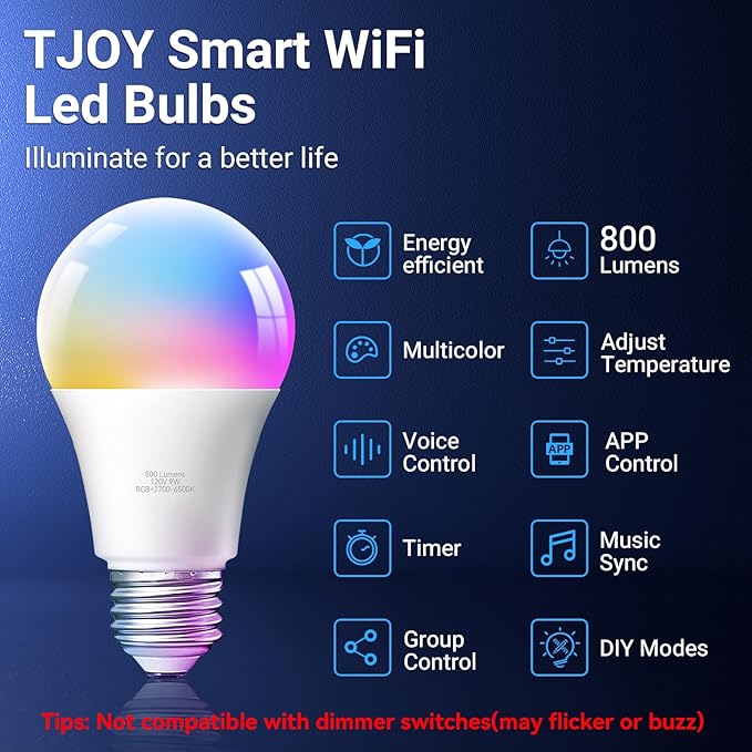 TJOY Smart Light Bulbs, WiFi LED Bulb Compatible with Alexa &Google Assistant, RGB Color Changing Alexa Bulbs, 9W(60W Equivalent), A19 E26 800LM, 2.4Ghz WiFi only,2 Pack