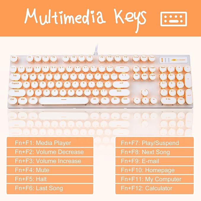 Camiysn Typewriter Style Mechanical Keyboard, Retro Punk Gaming Keyboard with Gold LED Backlit, Cute Wired Keyboards,104 Keys Full Size Keyboards, Uique Round Keycaps for Windows/Mac/PC(White&Gold)