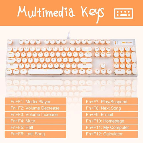 Camiysn Typewriter Style Mechanical Keyboard, Retro Punk Gaming Keyboard with Gold LED Backlit, Cute Wired Keyboards,104 Keys Full Size Keyboards, Uique Round Keycaps for Windows/Mac/PC(White&Gold)