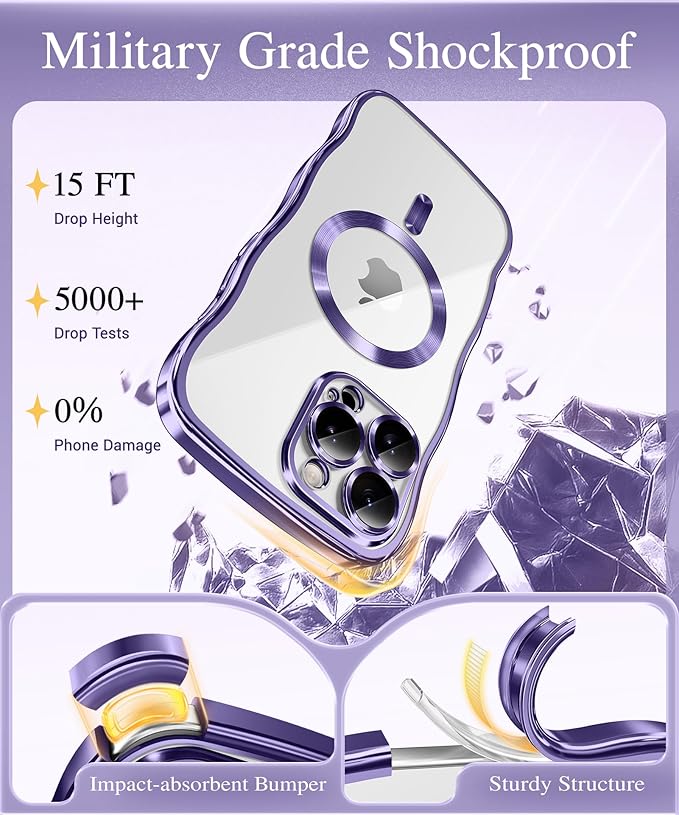 GVIEWIN for iPhone 16 Pro Max Case Compatible with MagSafe, Upgraded [Full Camera Protection][Cute Wave Frame][Military Grade Protection] Electroplated Soft Phone Cover for Women Girl, Clear/Purple