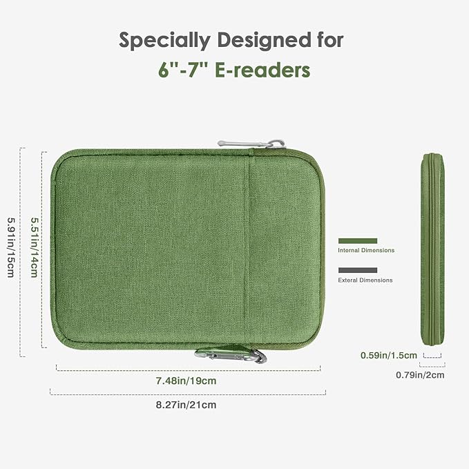 MoKo Padded Ereader Sleeve Case for 6-7 inch Tablet Bag Protective Cover Pouch with a Carabiner, Compatible with 7" eReader Colorsoft Signature Edition 2024, Grass Green