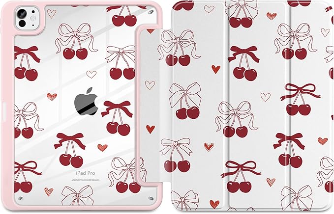 Case for iPad Pro 13 inch (M5) 2025 (M4) 2024 Release with Pencil Holder - Aesthetic Cute Preppy Design Trifold Cover with Soft TPU Bumper Clear Back Auto Sleep/Wake for Girls Women, Cherry