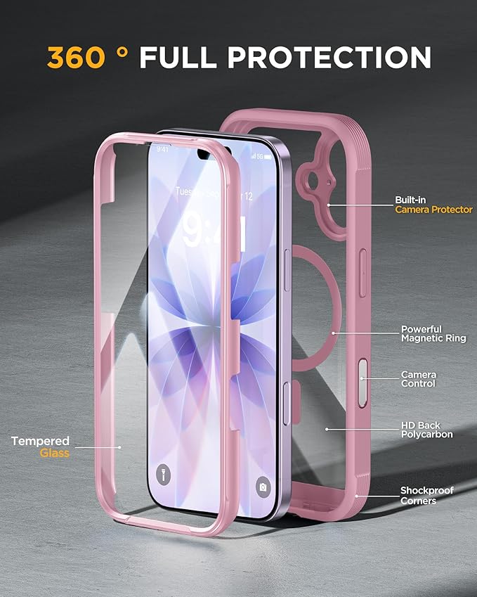 Miracase for iPhone 17 Case 6.3'', Full-Body Military Grade Drop Protection Outdoor Phone case with Built-in Glass Screen &Camera Control,Easy Installation,No Gap,Compatible with MagSafe, Purple