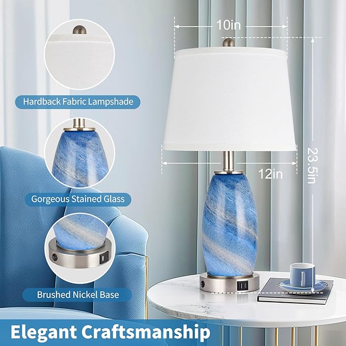 Blue Lamp for Bedroom & Bedside with 3-Way Lighting Modes & USB C+A - Modern Style Glass Nightstand Table Lamp for Living Room & Bedroom Decoration (23.5" H)