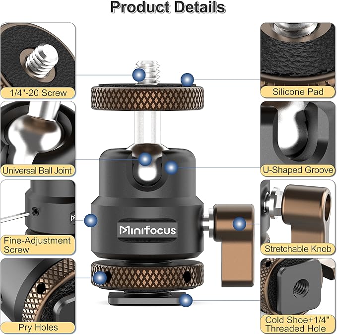 MINIFOCUS Metal Ball Head Camera Mount 360 Rotating with 1/4" Screw and Cold Shoe Adapter, 11lbs/5kg Load for 1/4" Tripod, Monopod, DSLR, Flash, Cell Phone Holder, Action Camera