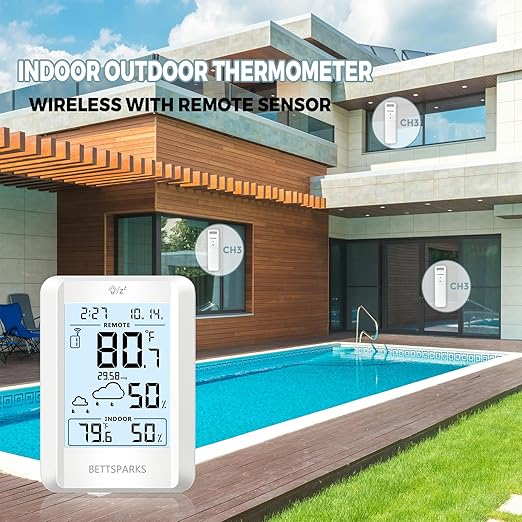 Indoor Outdoor Thermometer Wireless Weather Station with 330FT Range Remove Sensor Inside Outside Digital Hygrometer Thermometer Battery Powered Temperature Gauge Humidity Monitor with Clock&Backlight