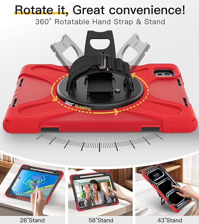 BRAECN Case for iPad Pro 11 inch M5 2025 & M4 2024, 4 Layers Heavy Duty Full-Body Protection Screen Protector Pencil Holder, 360° Rotating Handle Kickstand, Shoulder Strap Kids Friendly