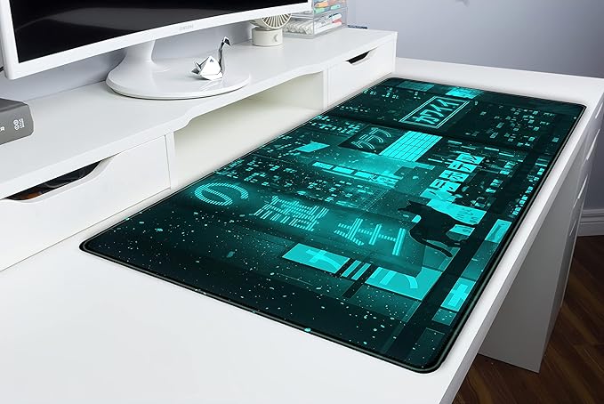 Cyan Green Japanese Desk Mat, Neon Tokyo Extended Mouse Pad Anime Cat Desk Pad, Gaming Mousepad XXL, Large Keyboard Mat for Gamers, Cool Computer Mat for Desk with Stitched Edges 31.5X15.7 in