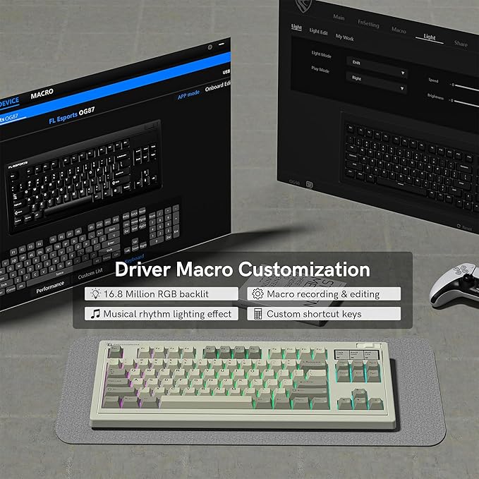 FL·ESPORTS OG87 Tri-Mode Retro Mechanical Keyboard, 87-Key Gasket Mount Gaming Keyboard, Pre-lubed Creamy Linear Switches, Hot Swappable, PBT Keycaps, 4000mAh for Mac/PC - Gray