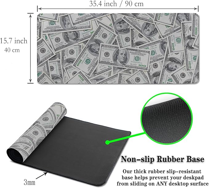 Gaming Desk Mat, Keyboard Mouse Pad Computer Desk Accessories for Men Extra Large Mouse Pads, Table Extender Waterproof Non-Slip Rubber Base, 35.4" X 15.7" for Work/Game Dollars Money Design