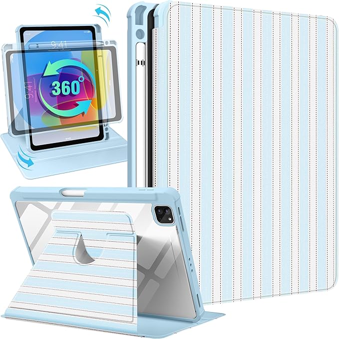 Uppuppy for iPad Air 11 inch Case(Air M4 2026, 8th Gen/M3 2025/M2)/Air 5th/4th Gen 10.9", for iPad Pro 11 inch Case(4th/3rd/2nd/1st Gen) - 360 Rotating Smart Folio Cover with Pencil Holder, BW Stripe