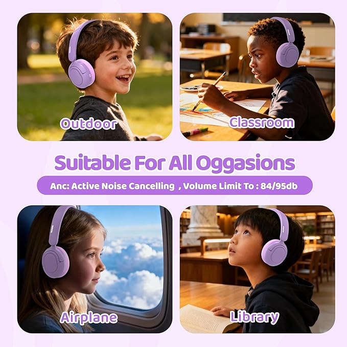 MIDOLA Kids Bluetooth Headphones Active Noise Cancelling Lightweight Wireless Headphone for Kid Volume Limited 85/94dB Foldable Over-Ear with Mic,68 Hours Playtime,for Toddler Child Lavender Purple