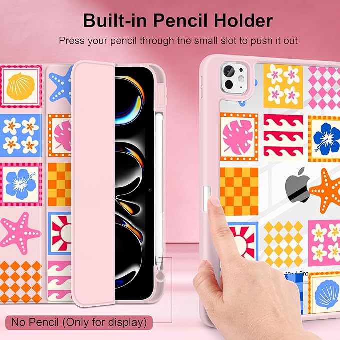 Case for iPad Pro 11 Inch (M5 2025 M4 2024) – [Built-in Pencil Holder], Shockproof & Stylish, Clear Hard Back + Soft TPU Edge, Magnetic Trifold Stand, Auto Wake/Sleep, Beach Fun