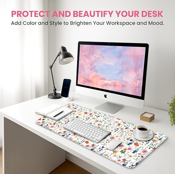 Large Mouse Pad for Desktop, Cute Desk Mat Pad Protector for Work & Gaming, Aesthetic Pretty Anti-Slip Laptop Blotter Cover for Office School Home Supplies, Wildflowers, 35.4" x 15.7"