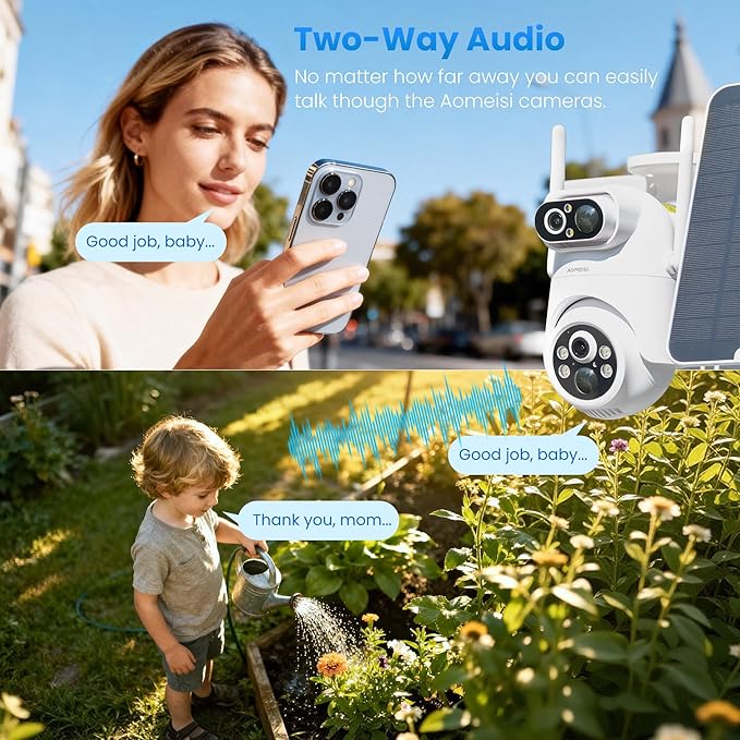 Eseecloud Si-Home Dual Lens Solar Security Camera Wireless Outdoor System,5GHz Wi-Fi, Battery Power, Color Night Vision, Two Way Audio, Easy to Setup,AI Motion Tracking,500GB, 180 Days Exchange Policy