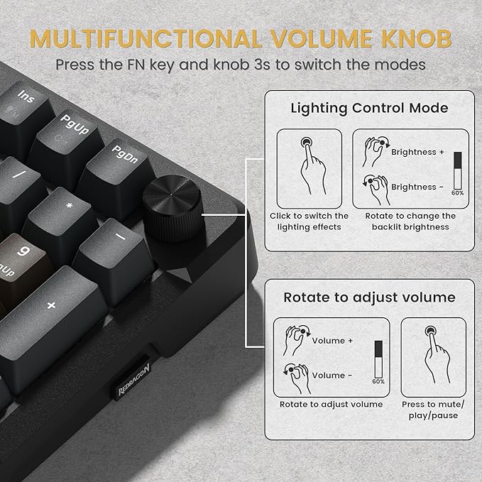 Redragon K742 Wireless Mechanical Gaming Keyboard with Knob, Bluetooth 5.0/2.4GHz/USB C Wired Creamy Keyboard with Number Pad for PC Computer, RGB Backlits, Hot-Swappable with Linear Switches (Brown)