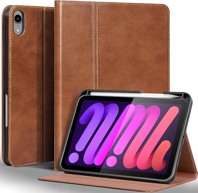 Gexmil Leather Case for iPad mini 7 (A17 Pro) 2024 / iPad mini 6 Generation 2021 8.3 Inch,Premium Cowhide Cover with Pencil Holder,Adjustable Stand, Auto Wake/Sleep,Vegetable Tanned Brown
