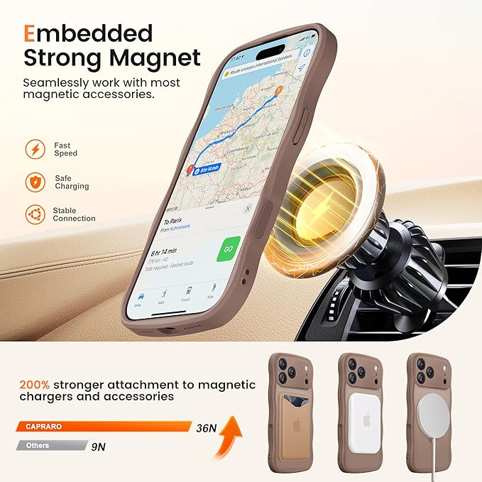 CAPRARO for iPhone 17 Pro Case with 360° Spin Magnetic Stand for Women, [Compatible with MagSafe] [Full Camera Protection] Cute Wave Translucent Matte Case for iPhone 17 Pro, Brown