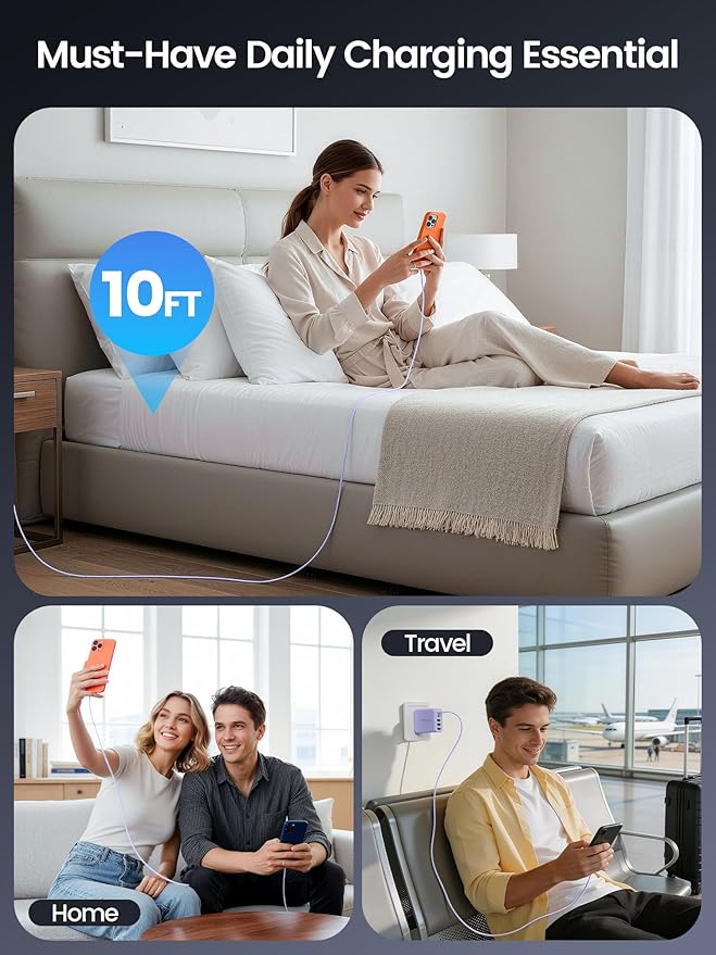 60W USB C Charger Block for iPhone 17 16 15,EIZLXQ 2-Pack USB C Wall Charger with Total 60W Max Output,10FT USB C Cable,Fast Charging Blocks for iPhone 17/16/15 Series,Galaxy,Pixel,iPad-Lavender