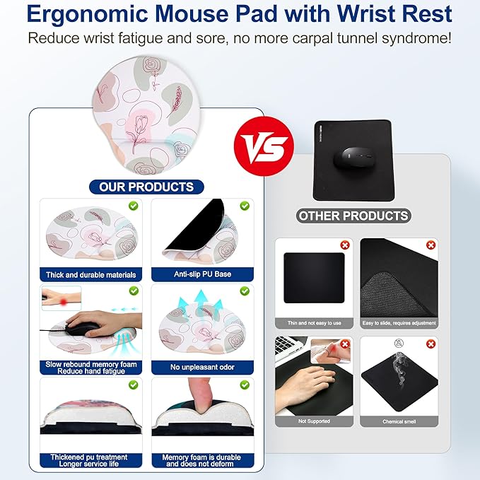 Ergonomic Mouse Pad with Wrist Support,Cute Floral Pattern Mouse Pads with Wrist Rest,Comfortable Mouse Pad for Home Office Gaming Work Computers Laptop with Non-Slip PU Base (Rose Fantasy)