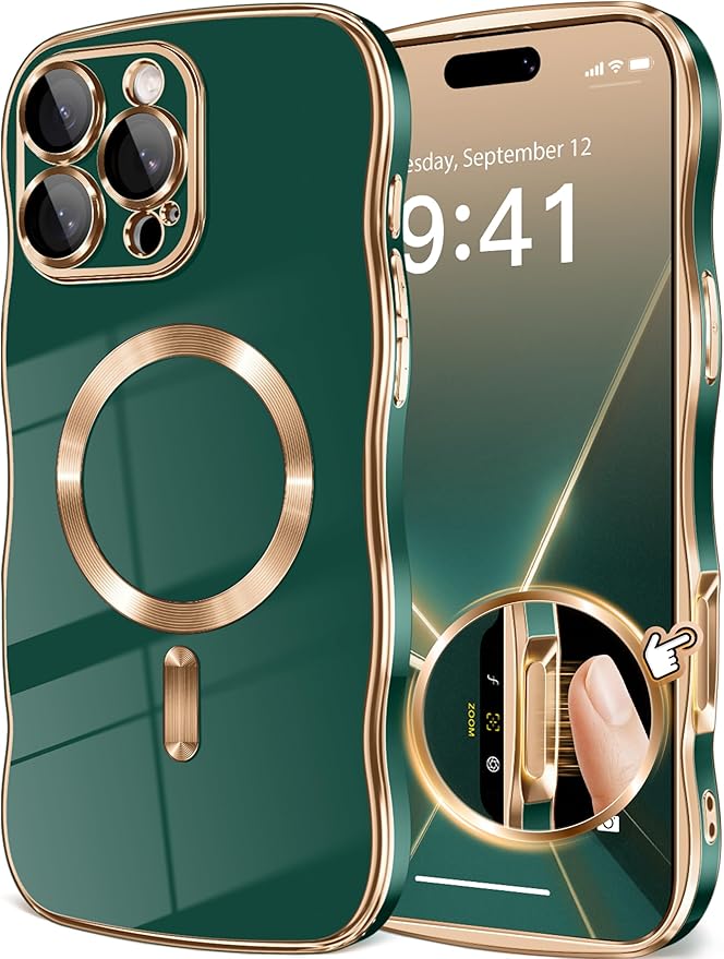 GVIEWIN for iPhone 16 Pro Case Compatible with MagSafe, Upgraded [Full Camera Protection][Cute Wave Frame][Military Grade Protection] Electroplated Soft Phone Cover for Women Girl, Green