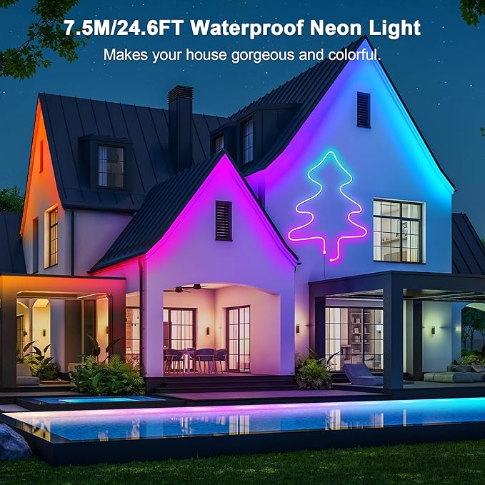 Cozylady RGB Neon LED Rope Lights, Waterproof Bluetooth APP Remote Control Music Sync Strip Lights, 24V Flexible DIY Silicone Light for Bedroom Home Indoor Outdoor Decor (7.5M/25Ft)