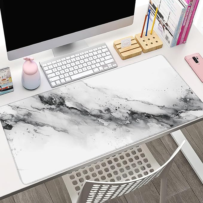 XXL Mouse Pad, White Black Marble Texture Large Desk Mat for Desktop, Extended Large Gaming Mouse Pad Mouse Mat with Non-Slip Rubber Base Stitched Edges for Computer Keyborad Home Office 35.4"X15.7"