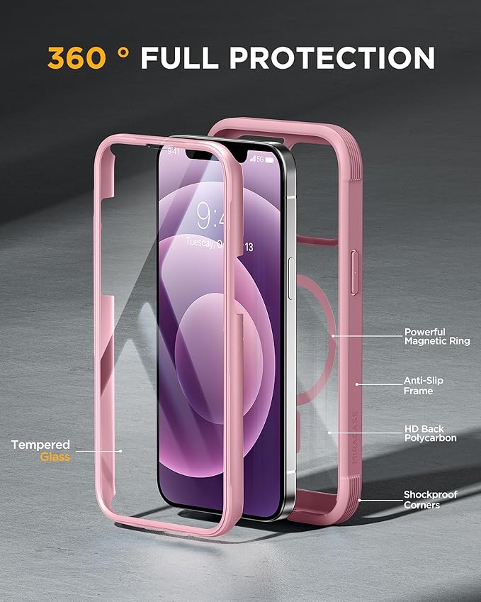 Miracase Glass Series Designed for iPhone 12/12 Pro 6.1 Inch, Upgrade Full-Body Magnetic Case with Built-in 9H Tempered Glass Screen Protector, with Camera Lens Protector, Magnetic Pink