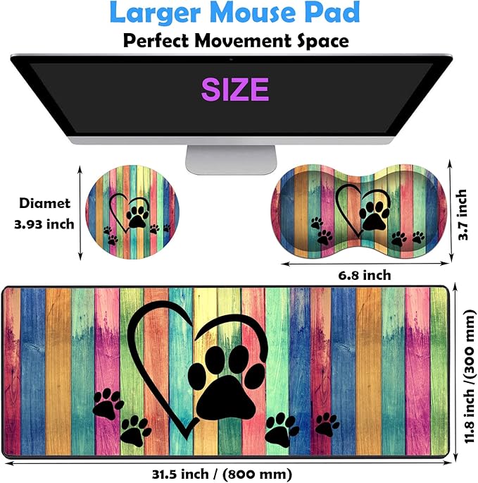 3 Piece Mouse Pad Set with Stitched Edge Large Anti-Slip Mouse Pad Desk Pad Keyboard Pad + Wrist Rest Pad + Coaster, Memory Foam Wrist Rest for Office/Home - Rustic Rainbow Woodgrain Dog Paw