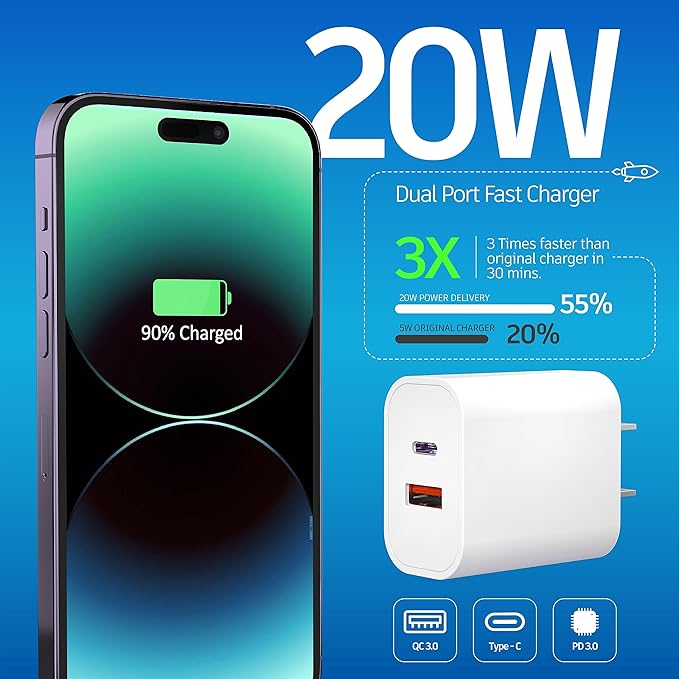 USB C Charger Block, 3Pack for iPhone Charger Block, 20W Dual Port PD+QC, Power Wall USB Adapter, Fast Type C Charging Plug for iPhone 17,16,15,14,13,12,11, Pro Max, XS, XR, X, Samsung Galaxy Phone