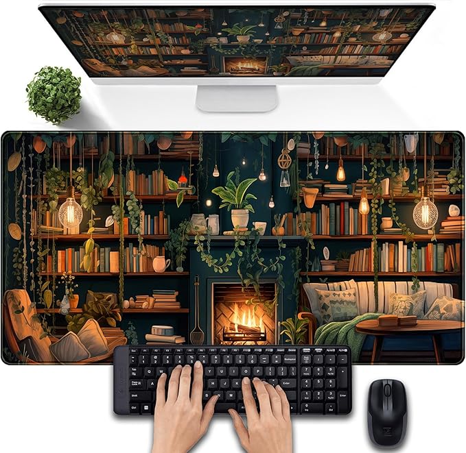 Large Mouse Pad Cozy Library, Extended Full Desk Mouse Mat Gaming Desktop Pad, Computer Keyboard Mat XXL, Vintage Office Decor Desk Laptop Cover Mat Big, Aesthetic Desk Accessories 31.5x15.7 Inch