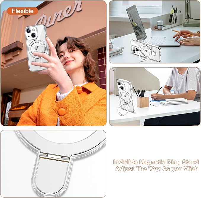 Compatible with iPhone 13 Case with Invisible Magnetic Ring Stand [Compatible with Mag-Safe] [Full Camera Lens Protector] Plating Clear Phone Case for iPhone 13 6.1", Silver