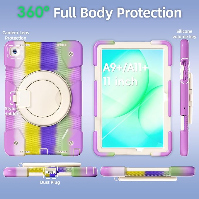 Andnary Case for Samsung Galaxy Tab A11+ Plus/A9+ 11 Inch 2025/2023, Tablet Case for Samsung Galaxy A9 Plus/A11+ with Screen Protector/360° Rotating Stand/Pen Holder/Shoulder Strap (Colorful Purple)