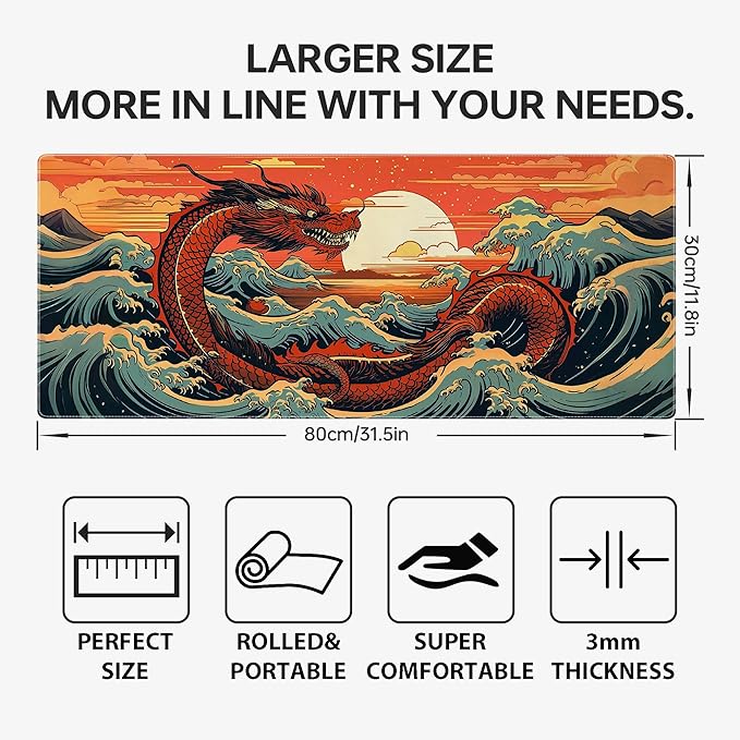Wave Sea Dragon Gaming Mouse Pad,Anime Mouse Pad Gaming 31.5 x 11.8 in Mouse Mat Desk Pad,Extended Keyboard Pad Large Desk Mat Mousepad with Non-Slip Base and Stitched Edge for Home Office