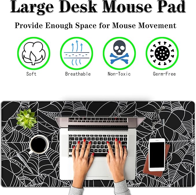 Gaming Mat Black Long Mousepad, Desktop Pad Big Mouse Pads Desk Mouse Pad, Computer Pad Non-Slip Rubber Base Waterproof with Stitched Edges, 35.4" X 15.7" Spider Web